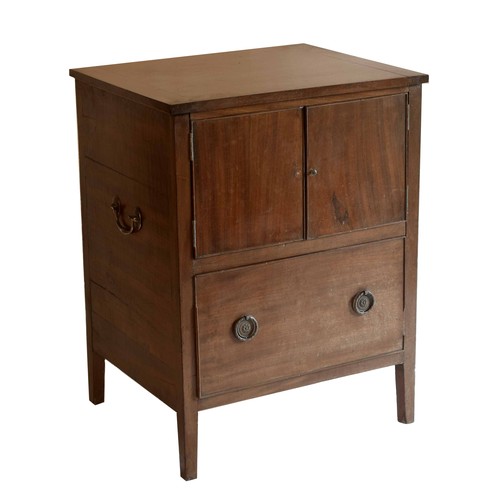 1746 - Georgian mahogany night commode, with double cupboard doors over a drawer, with applied brass swing ... 