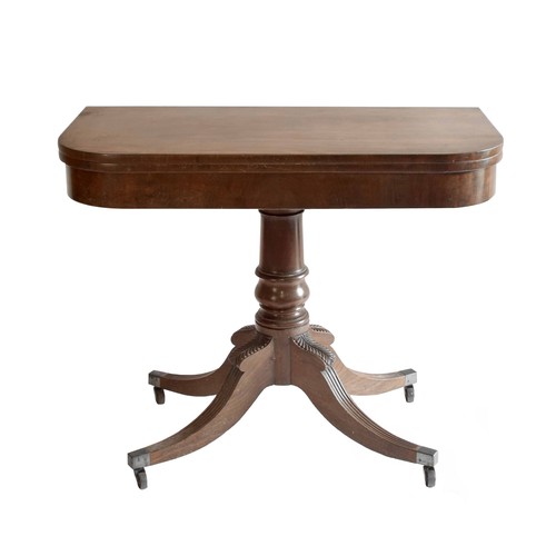 1819 - Victorian mahogany foldover games table, the D-end top upon a turned column and curved fluted suppor... 