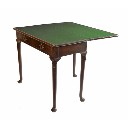 1714 - George II mahogany games table, the hinged top enclosing a green baize lined interior over a single ... 