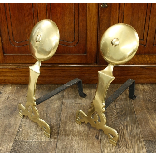 1167 - Pair of 19th century brass and wrought iron andirons, with circular roundels, on pierced supports, 1... 