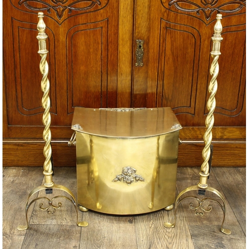 1076 - Pair of Victorian brass and iron andirons with turned finials and twist stems, 25.5