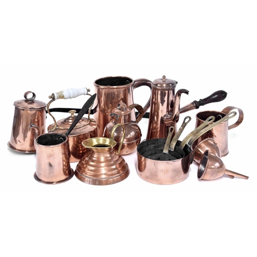 1115 - Selection of 19th century copperware to include small oval kettle with an opaline glass handle, 8.25... 