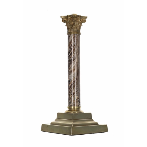 1096 - Corinthian style brass and faux marble table lamp base, with a cast capital over a simulated marble ... 