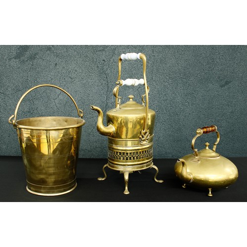 1113 - Victorian oval brass kettle on stand, with opaline glass handles, 20.5