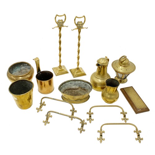 1163 - Collection of mixed decorative brassware to include a pair of fire iron stands modelled with masks, ... 