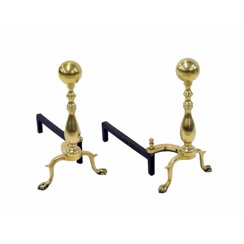 1077 - Good large pair of Dutch style brass and iron andirons, each with ball finials upon turned stems ter... 