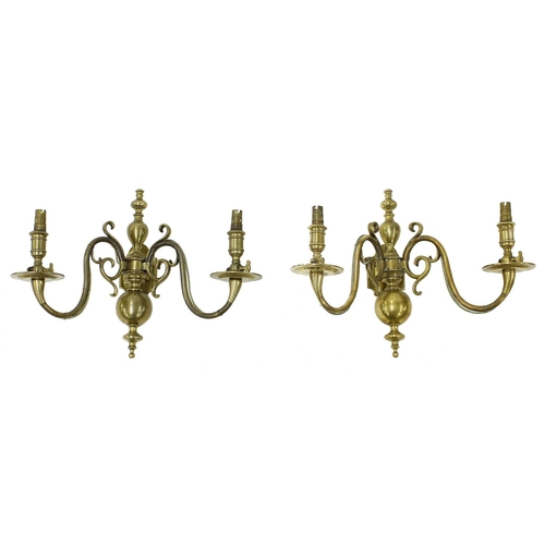 1081 - Pair of antique Dutch style brass twin-branch gas wall lights, stamped Imperial, 12