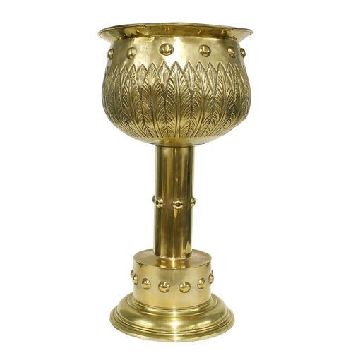 1047 - Good decorative Dutch brass pedestal jardinière, decorated with roundel bosses and acanthus type lea... 