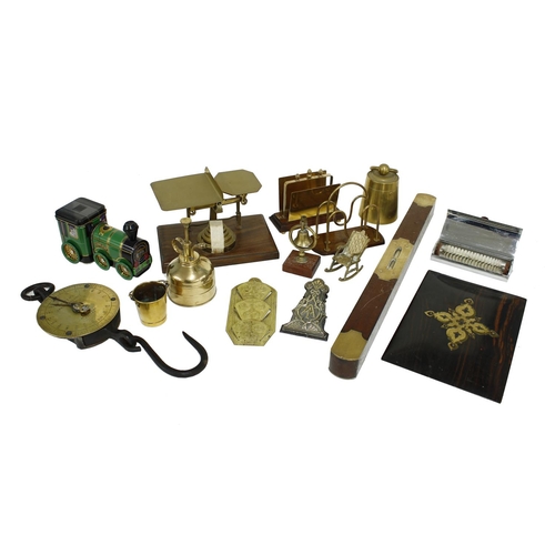 1034 - Group of antique and later desk and stationery items including a small set of brass scales with weig... 