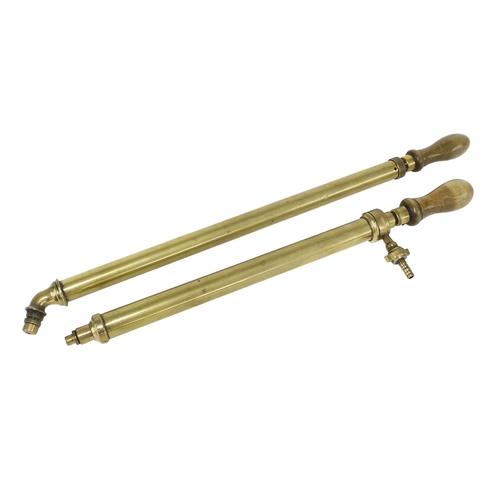 1216 - Two similar early 20th century brass garden syphon pumps, both with turned wooden handle (2)... 