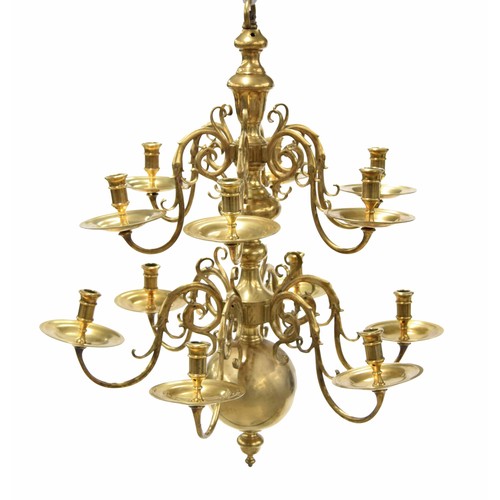 1194 - Good large Victorian Dutch style brass twelve branch chandelier, with a bold central turned column, ... 