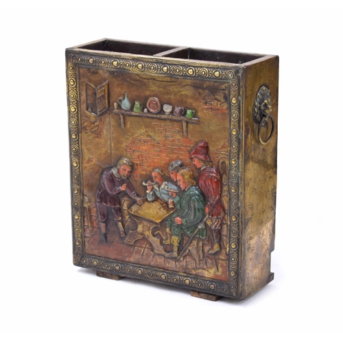 1361 - Early 20th century repoussé brass rectangular stick stand, with a polychrome figural tavern interior... 