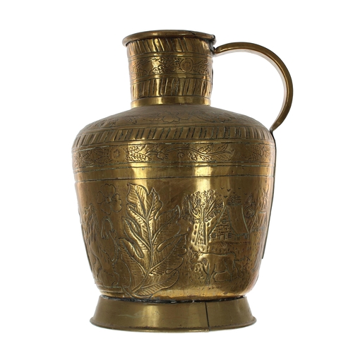 1002 - Large 19th century Dutch repoussé brass ovoid jug, depicting a lion Coat of Arms and further decorat... 