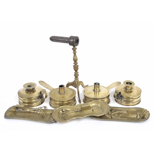 1150 - Three 19th century brass candle snuffers and trays; together with a 19th century goffering iron and ... 