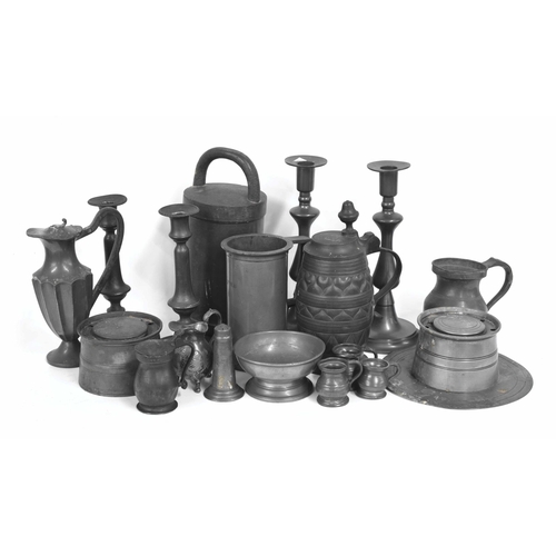 1198 - Selection of assorted antique pewter to include two pairs of turned candlesticks, French ‘Litre’ mea... 