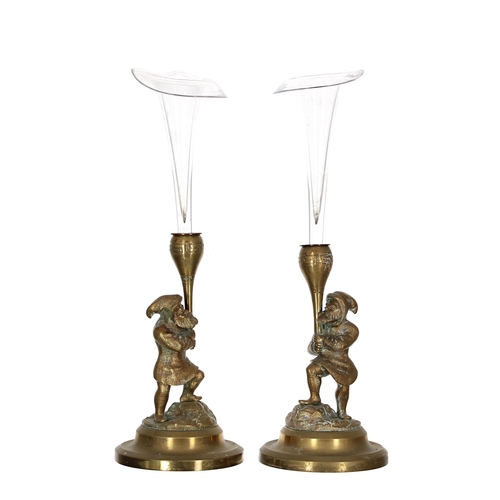 1270 - Pair of novelty figural brass epergnes, with Friar type figures modelled holding lamps, upon circula... 