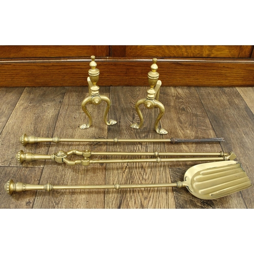 1091 - Pair of brass andirons with urn finials, 9.5” high; together with a set of three Victorian brass fir... 