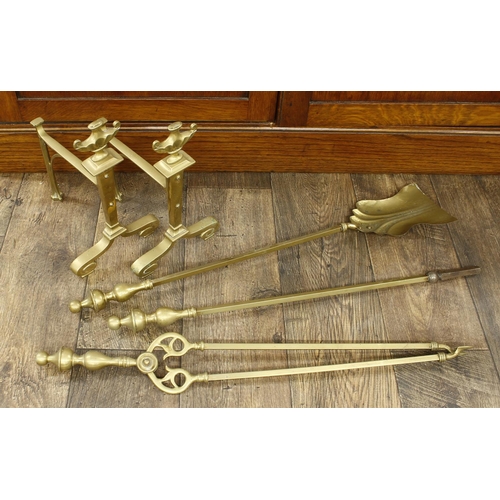 1325 - Pair of Classical design brass andirons with urn finials, 11.5” high; together with a set of three V... 