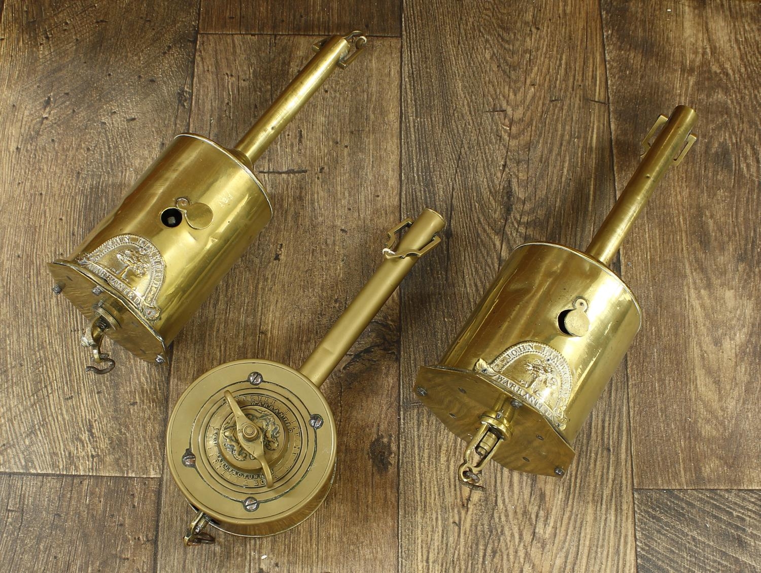Two similar John Linwood Warranted clock brass spit jacks, 15” high ...