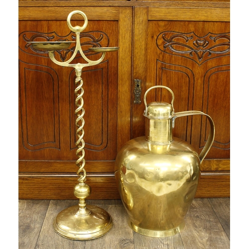 1209 - Large 19th century polished brass milk pitcher and cover, 20.5” high; together with a polished brass... 