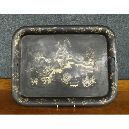 1109 - 19th century papier maché chinoiserie twin handled tray, decorated with a landscape within a foliate... 