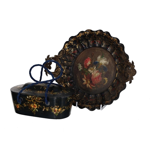 1178 - Jennens & Bettridge papier maché oval box and cover, with silk lined interior and inlaid with mo... 