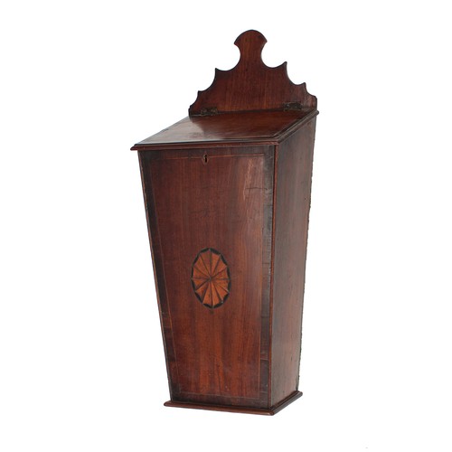 1205 - Georgian mahogany inlaid and crossbanded hanging candle box, with boxwood banding and inset with an ... 