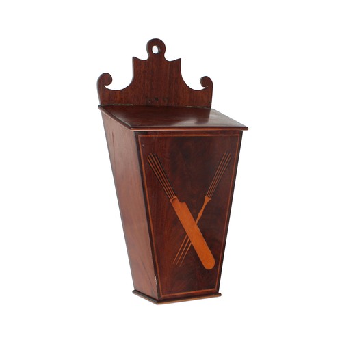 1203 - 19th century mahogany inlaid hanging candle box, the tapered front panel inlaid with a knife and for... 