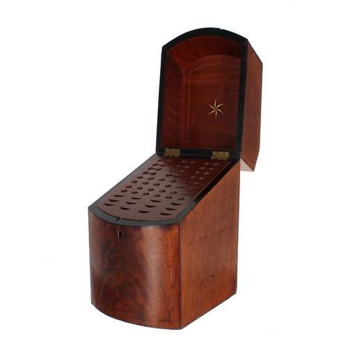 1087 - Early 19th century mahogany bowfront inlaid knife box, with a fitted interior and parquetry star mot... 