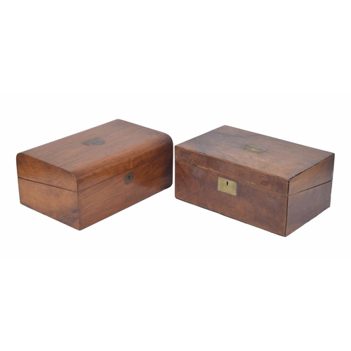 1041 - Two Victorian walnut writing slopes, each with fitted interior and inset with glass inkwells, 13.7” ... 