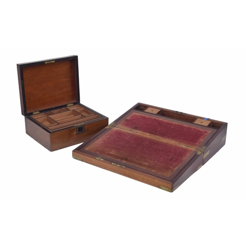 1332 - 19th century mahogany brass bound writing slope with fitted interior, 18” wide, depth 9.75”, 5.5