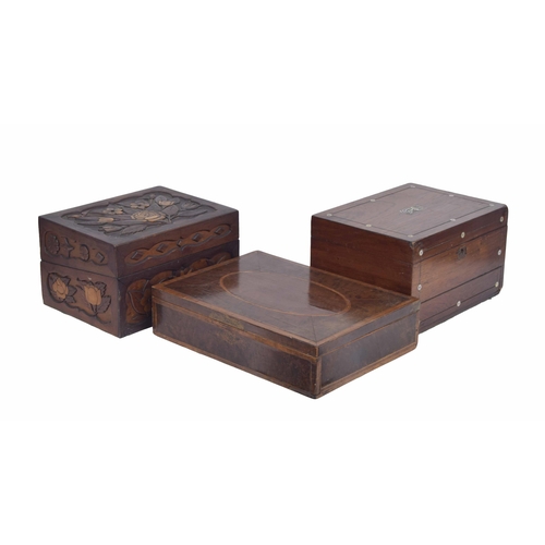 1185 - Victorian rosewood and mother of pearl workbox, 12” wide; together with a burr walnut writing box an... 