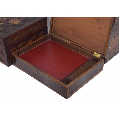 1185 - Victorian rosewood and mother of pearl workbox, 12” wide; together with a burr walnut writing box an... 