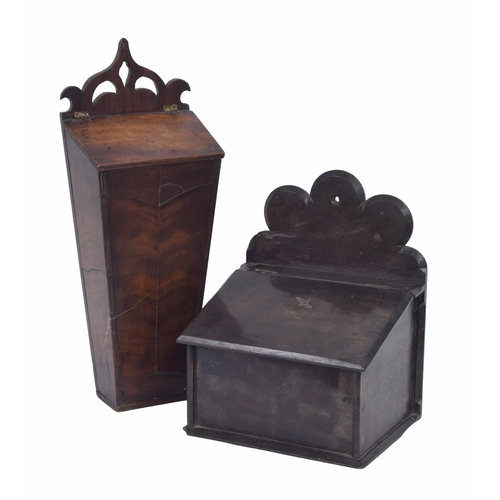 1136 - Georgian tapered mahogany hanging candle box, 19” high; together with another 19th century candle bo... 