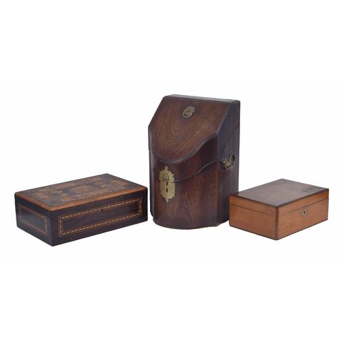 1111 - Georgian serpentine mahogany knife box, with brass side carry-handles, 9” wide, 13.5” high (lacking ... 