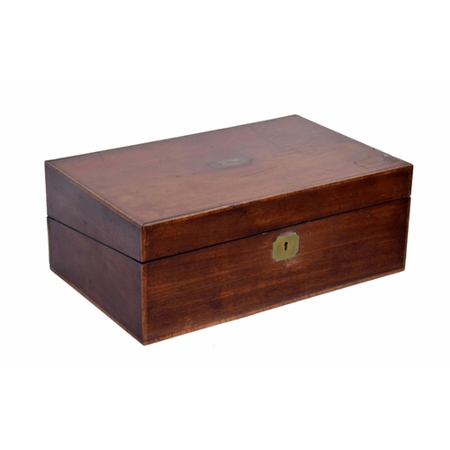 1304 - Victorian mahogany writing slope, the blue velvet lined fitted interior inset with two glass inkwell... 