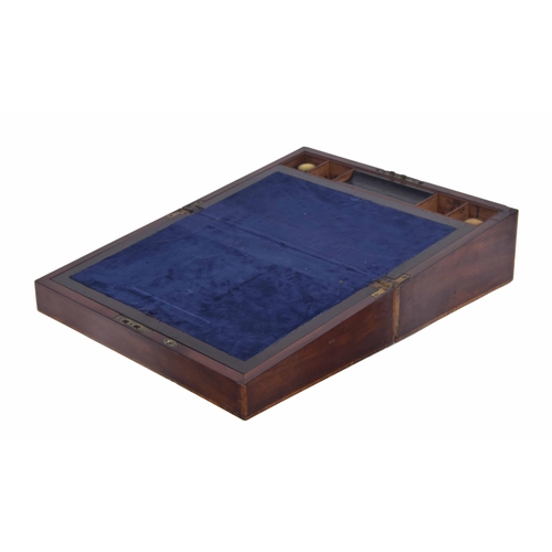 1304 - Victorian mahogany writing slope, the blue velvet lined fitted interior inset with two glass inkwell... 