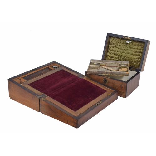 1103 - Victorian walnut writing slope, the fitted interior inset with a glass inkwell, 14” wide, depth 8.5”... 