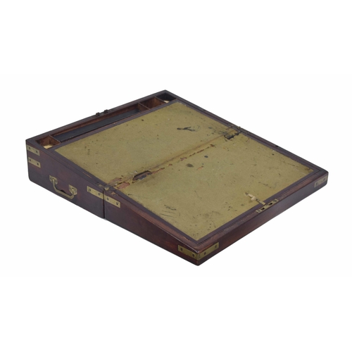 1086 - 19th century mahogany brass bound writing slope, with recessed brass side carry-handles and fitted i... 