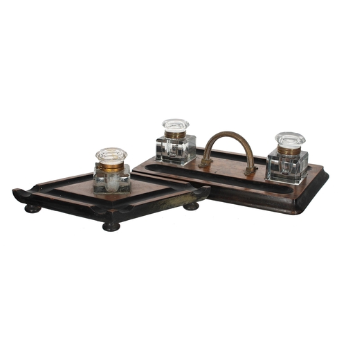 1082 - Victorian walnut and ebonised rectangular inkstand, with applied brass loop carry-handle and inset w... 