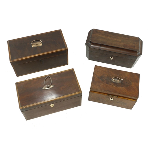 1180 - 19th century mahogany tea caddy of sarcophagus form, inset with a pair of glass jars (one lacking co... 