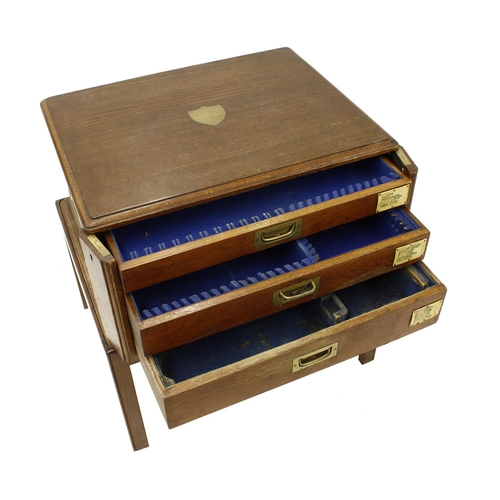 1139 - Good early 20th century oak canteen cutlery box on stand, with brass inset handles, 22” wide, 22.75”... 