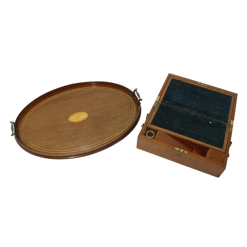 1156 - Edwardian oval mahogany inlaid twin-handled gallery tray decorated with a paterae, 25” x 17”; togeth... 