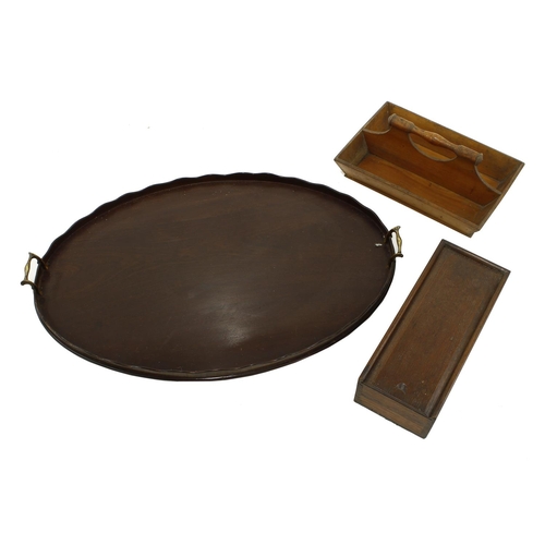 1204 - Oval mahogany twin handled gallery serving tray, 29” x 18”; with a Victorian pine cutlery tray and a... 