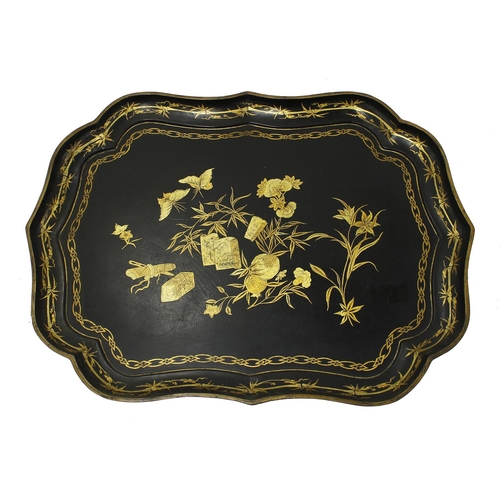 1019 - 19th century chinoiserie papier maché shaped tray decorated in gilt with Oriental symbols within bam... 