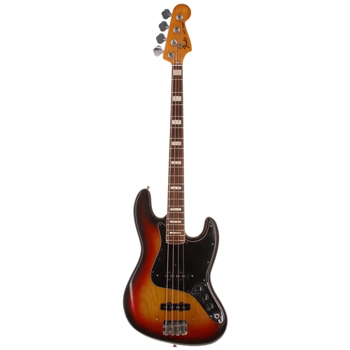 57 - 1977 Fender Jazz Bass guitar, made in USA; Body: three-tone sunburst finish, dings throughout mainly... 