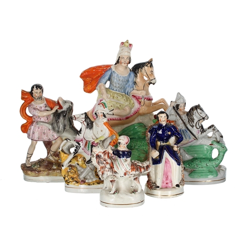 1558 - Victorian Staffordshire pottery figure of George and the Dragon, 11” high (restored); together with ... 