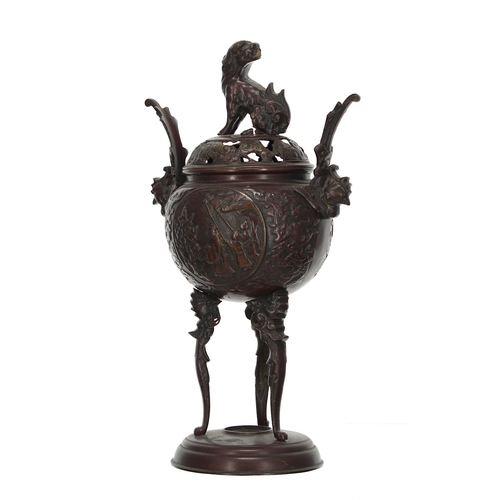 1580 - Japanese bronze koro and cover, surmounted with a Buddhistic lion finial over cockerel twin handles ... 