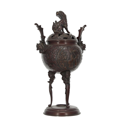 1580 - Japanese bronze koro and cover, surmounted with a Buddhistic lion finial over cockerel twin handles ... 