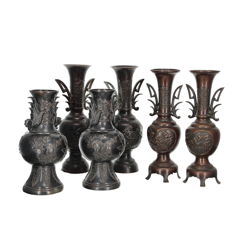 1582 - Three pairs of Japanese bronze twin handled vases, the tallest 11.75” high (6)